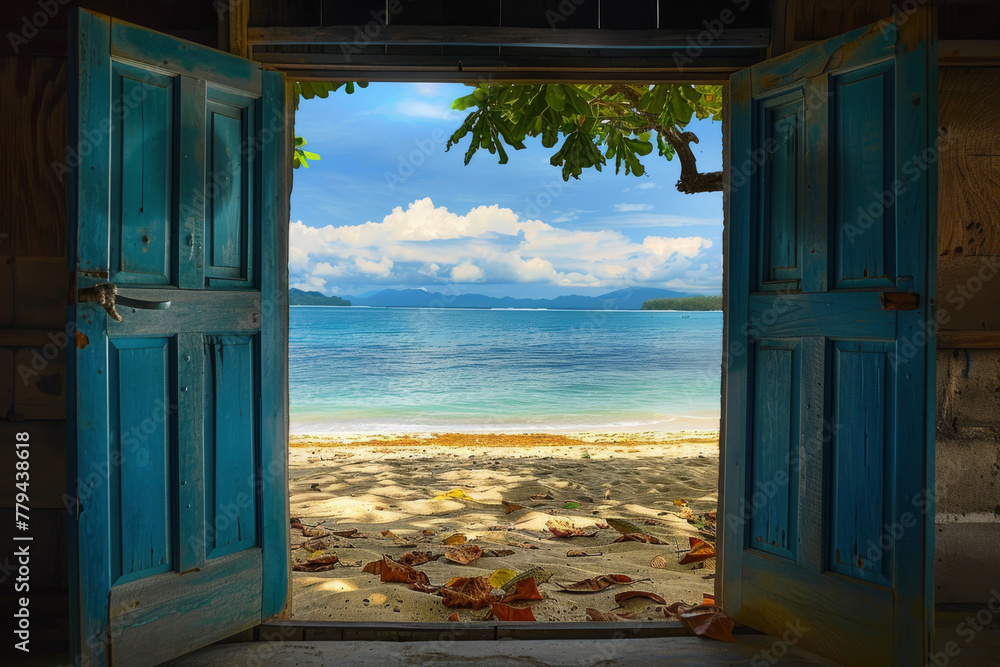 Fototapeta premium Beyond the open door lies a mesmerizing sight: a picturesque beachscape unfolds, where golden sands meet the shimmering sea under the vast expanse of the sky.