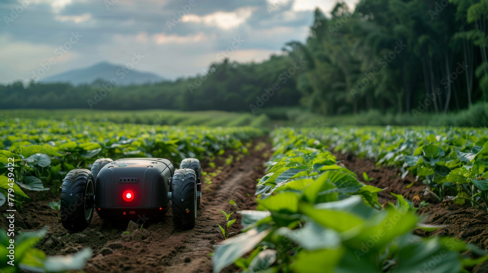 Autonomous robotic ground drone operating in the agricultural sector. Autonomous robotic ground drone operating in the agricultural sector.