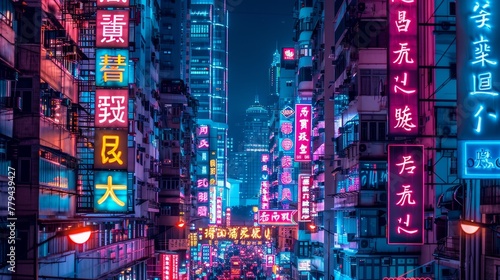 Vibrant neon lights illuminating the towering skyscr AI generated illustration photo