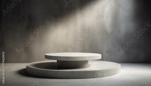 a marble podium as the centerpiece, set against a dramatic empty night room with a concrete wall, creating a sophisticated display studio with a hint of smoky ambi