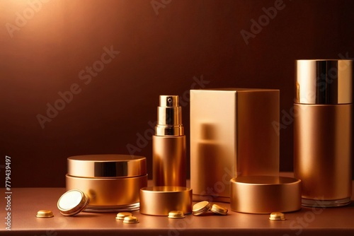 Product packaging mockup photo of Composition of cosmetic packaging mockups. Gold bottle caps. Skin care product presentation. Elegant mockup. Beauty and spa. Warm shadows, copy space., studio adverti