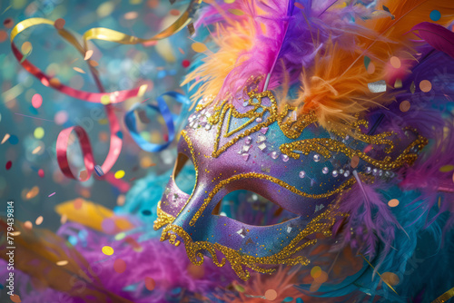A colorful scene of festivity, featuring a Mardi Gras mask adorned with vibrant feathers and sparkling sequins, set against a backdrop of swirling ribbons and confetti.