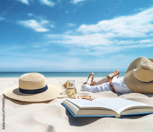 Illustration of girl ridding book on beach. Summer concept.