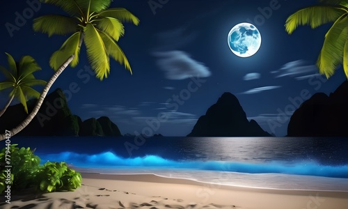 wallpaper, Pacific island lit by full moon. Beautiful landscape