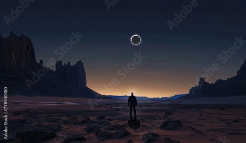 Man standing in desert at night