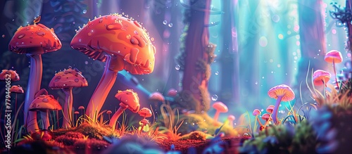 A diverse array of mushrooms are flourishing in the heart of a dense forest, surrounded by lush greenery and the soothing sound of water trickling nearby