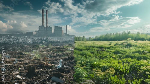 Abandoned Industrial Wasteland Amidst Looming Smokestacks and Environmental Degradation photo