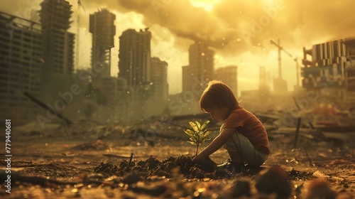 Child Planting a Sapling in Apocalyptic City Ruins,Symbol of Resilience and Hope for a Sustainable Future photo
