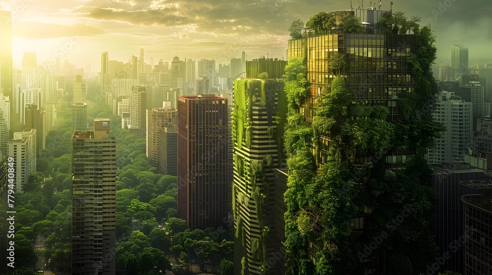 Sustainable Vertical City Landscape with Lush Greenery and Modern Skyscrapers at Sunrise