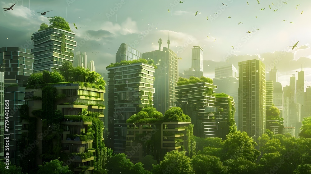 Lush Futuristic Cityscape with Verdant Skyscrapers and Flourishing Green Infrastructure Showcasing Sustainable Urban Development and Eco-Friendly