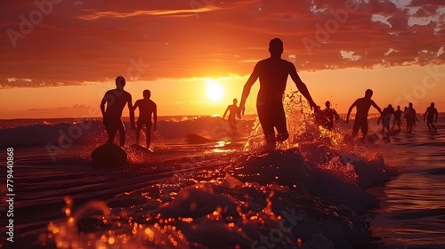 Silhouetted Surfers Riding Dramatic Sunset Waves on Tropical Beach