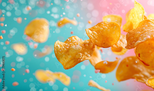 potato chips flying in the air a colorful background Generative AI