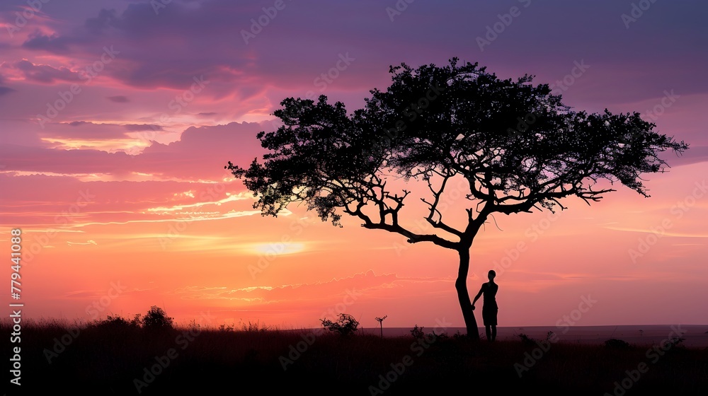 Majestic Silhouetted Tree at Dramatic Sunset in Serene Wilderness Landscape