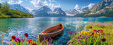 A peaceful canoe rests by a calm lake, embraced by stunning snow-capped mountains. The water mirrors the beautiful azure sky.