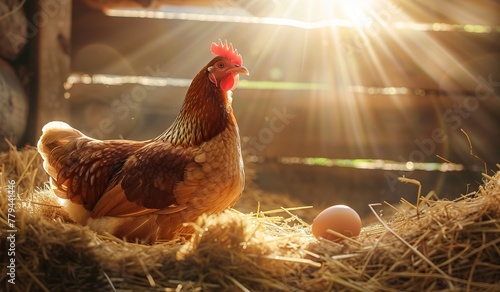 Chicken perched on hay next to egg