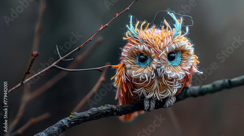 colorful embroidered thread owl perched on a dry tree branch against a soft gradient sky background