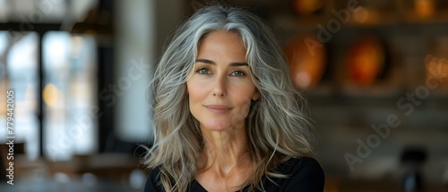 Graceful older woman with flawless complexion and silver hair beaming joyfully. Concept Modeling, Beauty, Graceful Aging photo