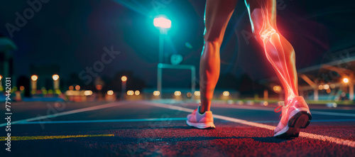 A dynamic image of a runner on an urban road at night, with a visual effect highlighting the leg muscles joints, physical features street lights and a sense of the city's nightlife. Banner. Copy space photo