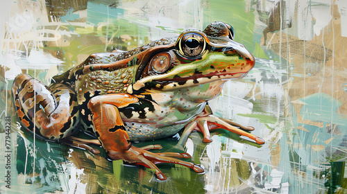 Illustration of green frog on abstract background. Oil painting.