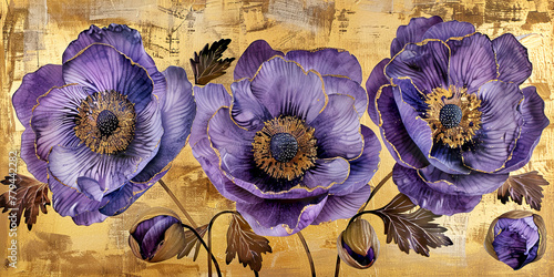 Violet anemone blossoms oil painting. Banner with beautiful spring flower. photo