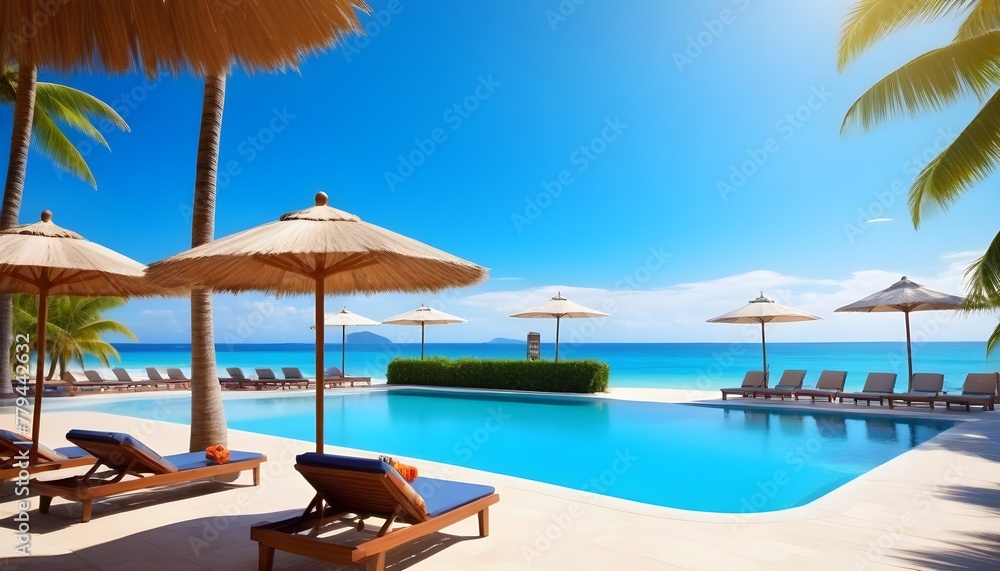 Paradise Found: Stunning Resort Views with Clear Blue Skies, Sparkling Swimming Pool, and Palm Trees , Paradise Found: Stunning Resort Views with Clear Blue Skies, Sparkling Swimming Pool, and Palm Trees ,