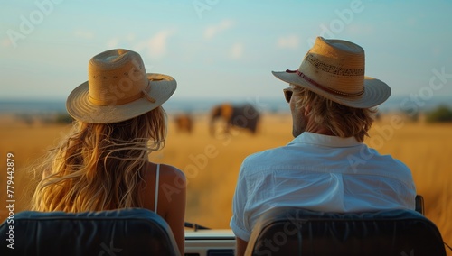 A man and a woman are sitting in a car wearing sun hats, observing elephants in a grassland landscape. They are enjoying a fun travel event under the open sky