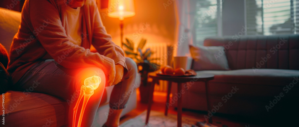 An image showing a person seated in a cozy living room, clutching their knee suggesting pain. Ambient lighting and comfortable surroundings suggest a quiet evening indoors. Banner. Copy space