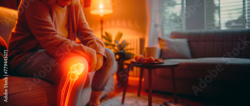 An image showing a person seated in a cozy living room, clutching their knee suggesting pain. Ambient lighting and comfortable surroundings suggest a quiet evening indoors. Banner. Copy space © stateronz