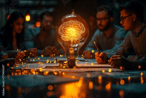 A circle of people gathers around a table, sharing in the fun of admiring the artistry of a brainfilled light bulb. The darkness is illuminated by the glowing glass, creating a ritualistic event photo