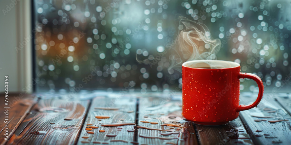 Cozy Red Mug with Steam on Rainy Window Sill Cozy Red Mug with Steam on Rainy Window Sill