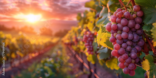 Sunset Over Lush Vineyard Rows with Ripe Grapes