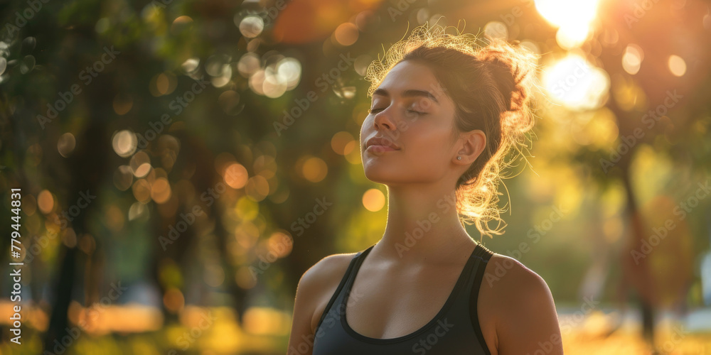 Serene Woman Practicing Mindfulness in Sunset Light Serene Woman Practicing Mindfulness in Sunset Light