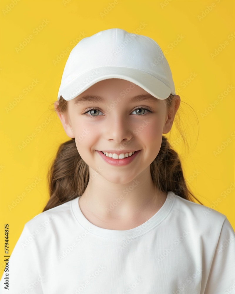 Smiling Young Girl in White Cap and T-Shirt on Yellow Background. Mockup