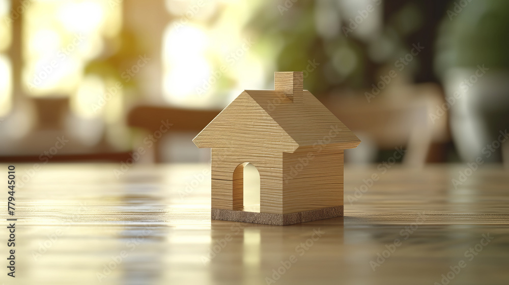 Simplistic wooden house model on a table with soft lighting AI Generative. Simplistic wooden house model on a table with soft lighting AI Generative.