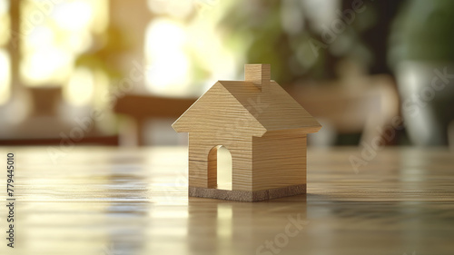 Simplistic wooden house model on a table with soft lighting AI Generative.