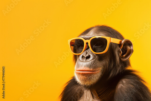 Stylish chimpanzee with orange sunglasses against a vibrant yellow backdrop, AI Generative. © Alisa