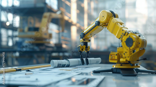An artificial intelligence that helps a building contractor process his invoices on a table with a building. Robot architect works with blueprints at construction site