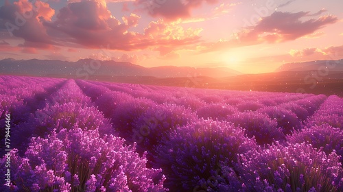 A detailed botanical illustration of a lavender field at sunrise, capturing the delicate purple hues of the flowers against a soft morning light.