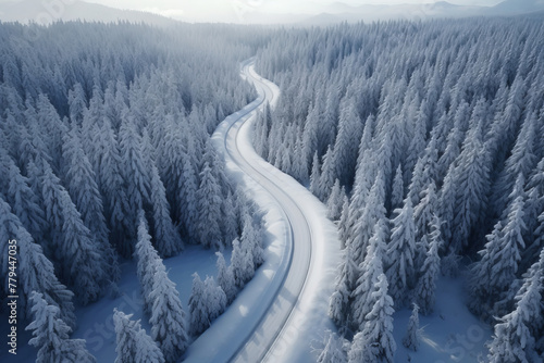 A winding road meanders through a dense forest blanketed in snow, showcasing winter's serene beauty, AI Generative.