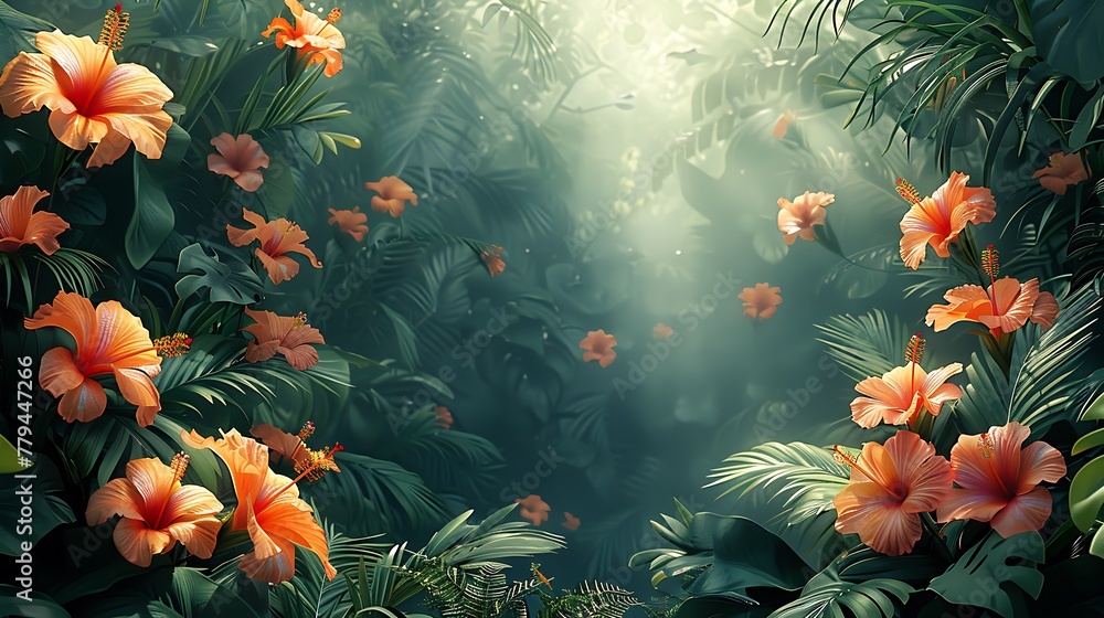A vibrant and lush digital illustration of a tropical paradise, featuring a dense jungle of green foliage and exotic flowers like hibiscus and bird of paradise. A vibrant and lush digital illustration of a tropical paradise, featuring a dense jungle of green foliage and exotic flowers like hibiscus and bird of paradise.