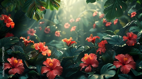 A vibrant and lush digital illustration of a tropical paradise  featuring a dense jungle of green foliage and exotic flowers like hibiscus and bird of paradise.