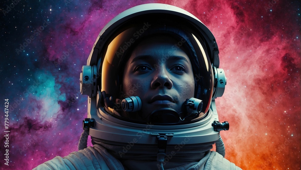 Astronaut with a full black visor against a colorful nebula Astronaut with a full black visor against a colorful nebula