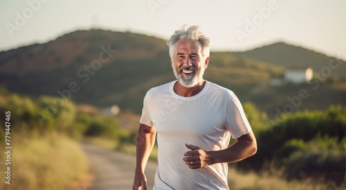 Portrait of happy senior man with grey hair and beard in sportswear