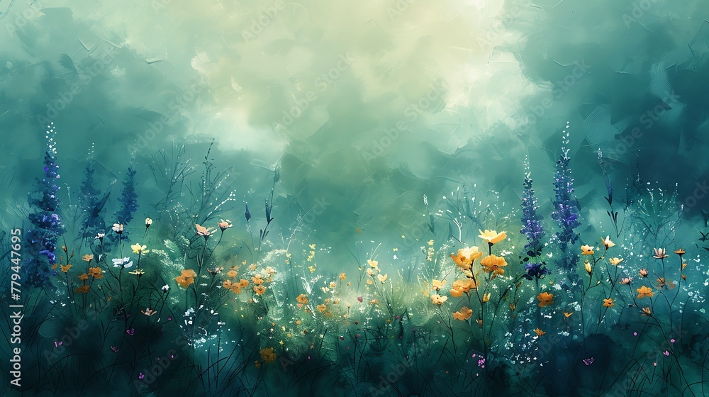 An abstract watercolor background featuring wildflowers in a wind-swept meadow.