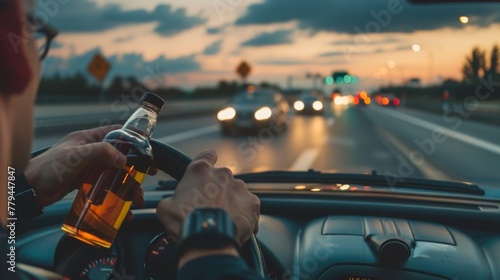 Driver holding open whiskey bottle while driving, concept of drunk driving risks and law enforcement