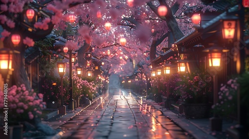 An elegant composition of cherry blossom branches overhanging a quiet, cobblestone path in Kyoto. photo