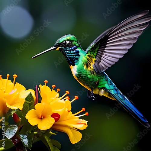 Green and blue Hummingbird Black-throated Mango, Anthracothorax nigricollis, flying next to beautiful yellow bloom. Wildlife scene from tropical nature, Trinidad. © adop