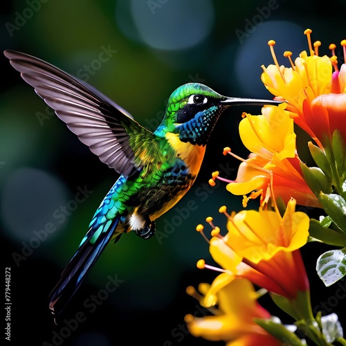 Green and blue Hummingbird Black-throated Mango, Anthracothorax nigricollis, flying next to beautiful yellow bloom. Wildlife scene from tropical nature, Trinidad. © adop