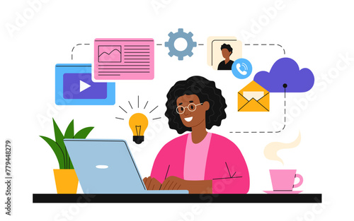 Working at home vector flat style illustration. Home office illustration. Young woman freelancer working on laptop or computer at home. Business woman multitasking at home in quarantine