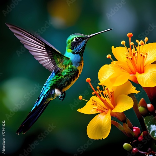 Green and blue Hummingbird Black-throated Mango, Anthracothorax nigricollis, flying next to beautiful yellow bloom. Wildlife scene from tropical nature, Trinidad.